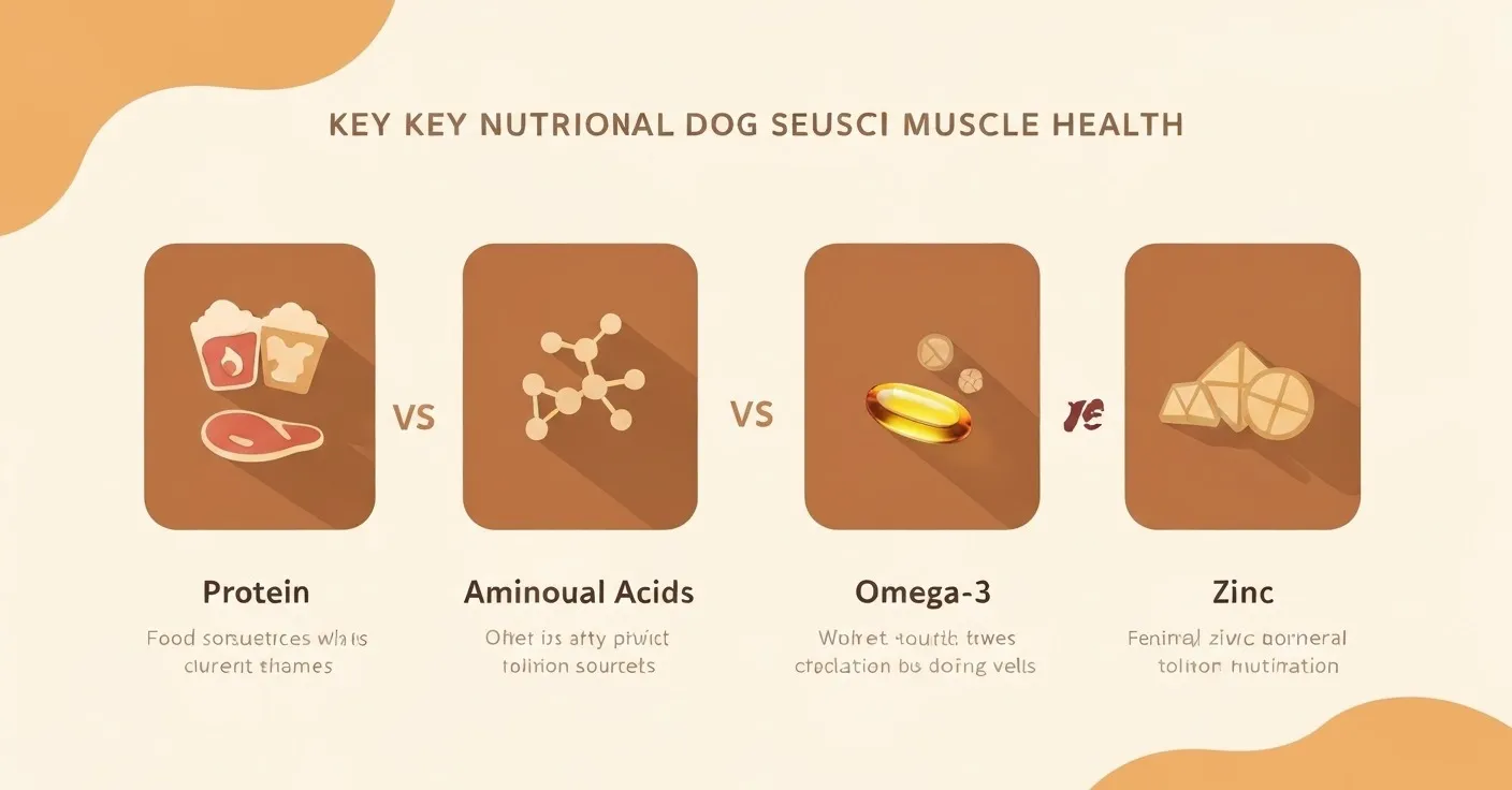 Comparison chart showing the key nutritional components for muscle maintenance in senior dogs: protein, amino acids, omega-3s, and zinc, with food and supplement sources listed for each.