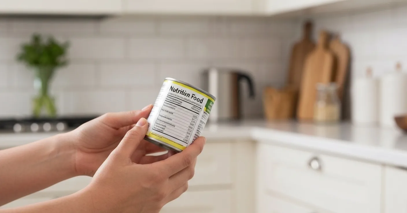 Cat owner reading the label on a can of wet food in a pet store aisle