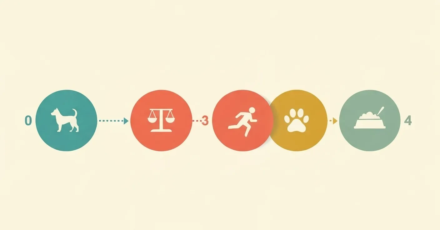 A clean overhead-view infographic showing four numbered steps with colored circles and arrows, no text labels, depicting a calorie calculation workflow.