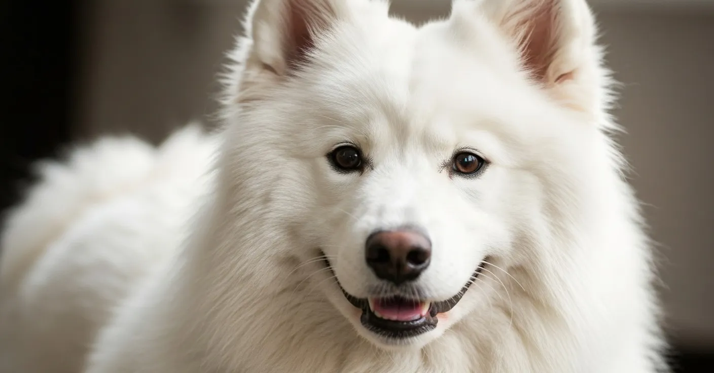 A Samoyed's face in profile showing subtle staining at the inner corner of the eye, set against the bright white coat.