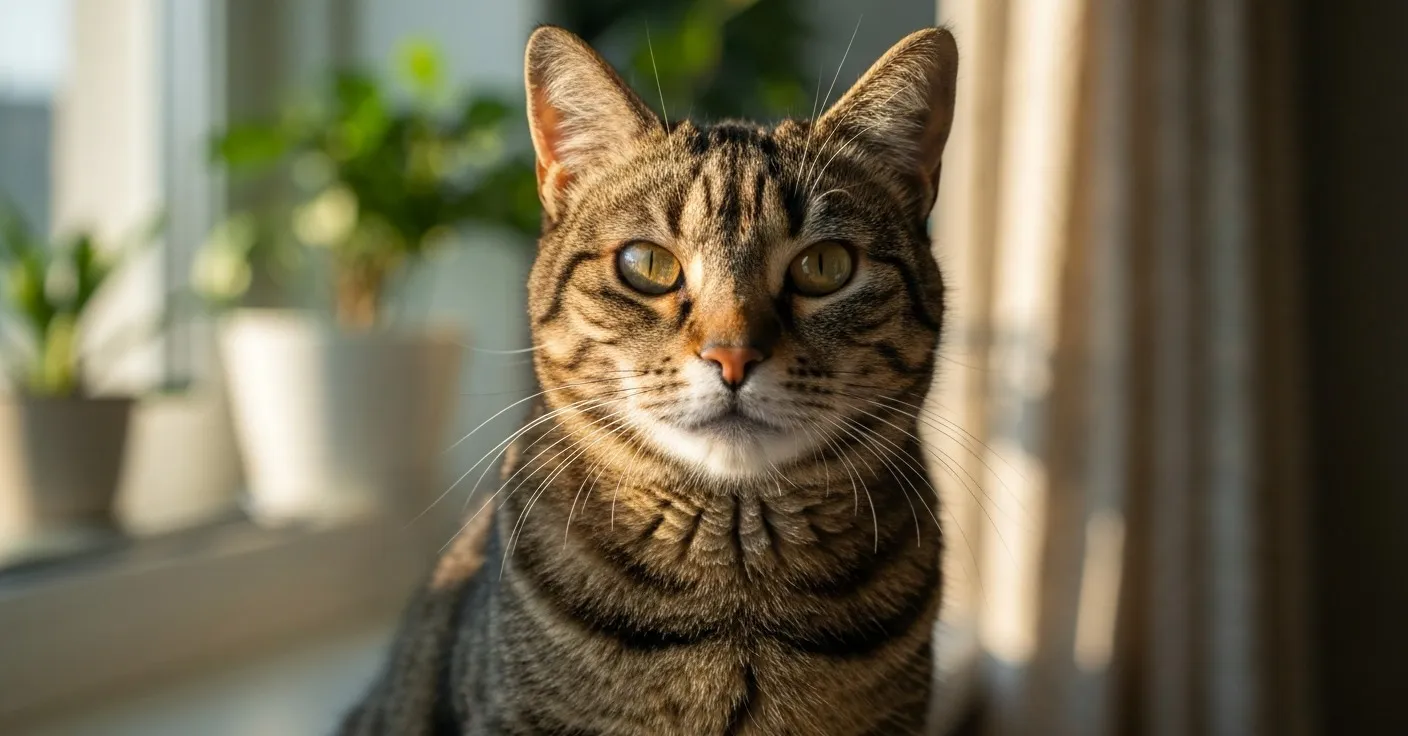 A photograph of a senior tabby cat sitting by a sunlit window, eyes bright and attentive, in soft natural morning light.