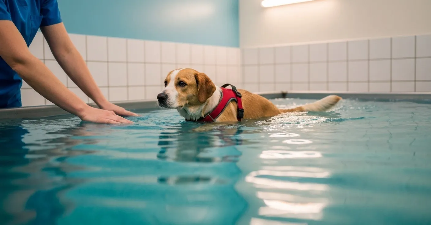 A senior dog wearing a hydrotherapy harness walking on an underwater treadmill while a therapist supervises.