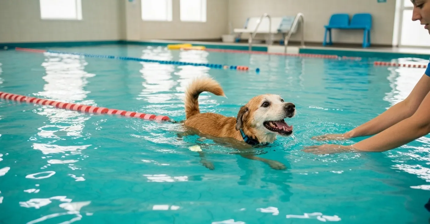 Senior Labrador swimming in a hydrotherapy pool during a rehabilitation session.