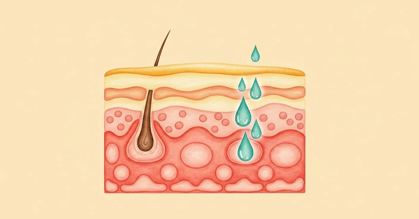 Cross-section illustration of canine skin showing stratum corneum, sebaceous glands, hair follicles, and lipid film with arrows indicating sebum production pathway