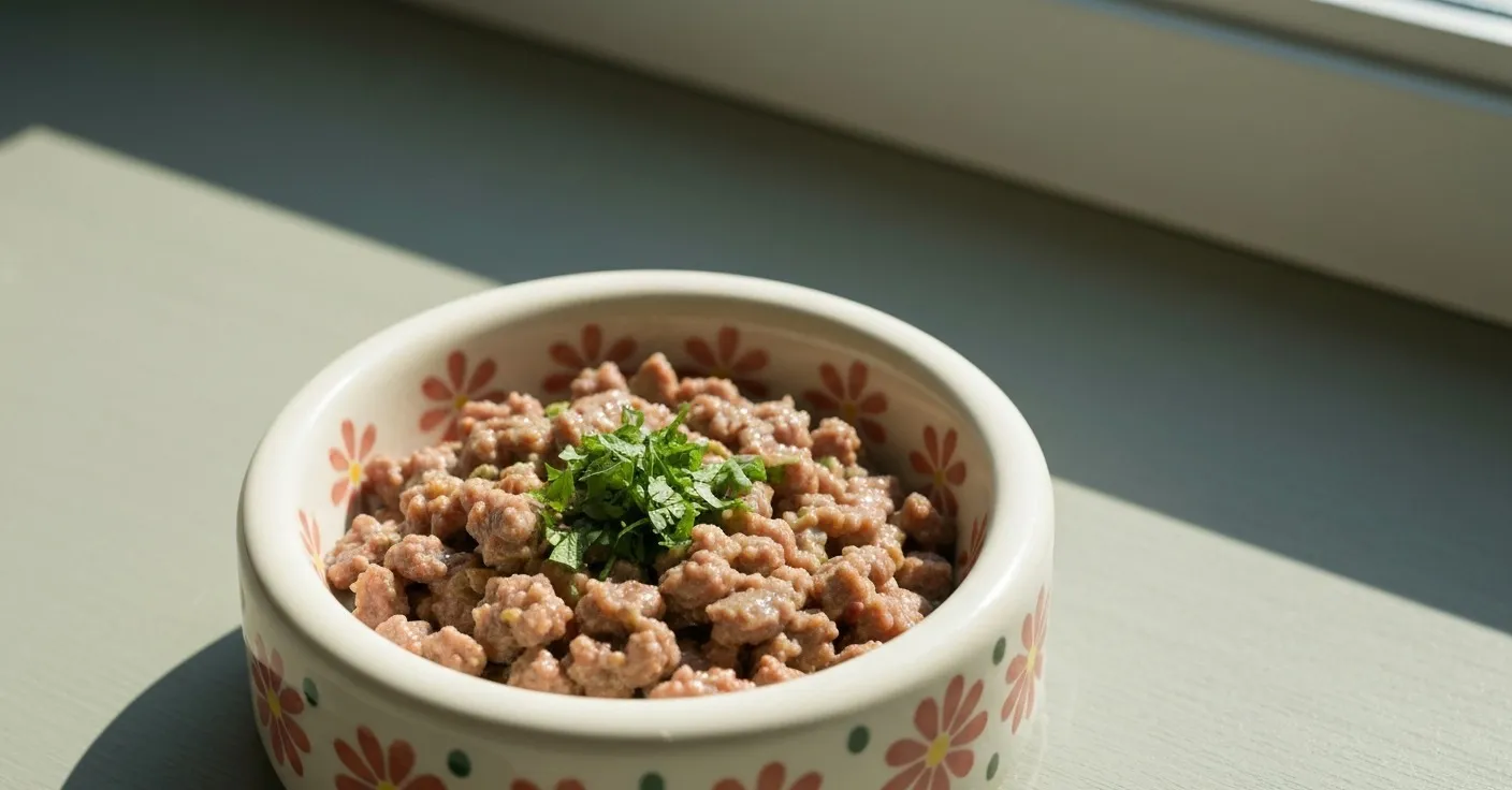 Close-up of cat supplement powder being mixed into wet food in a ceramic bowl.