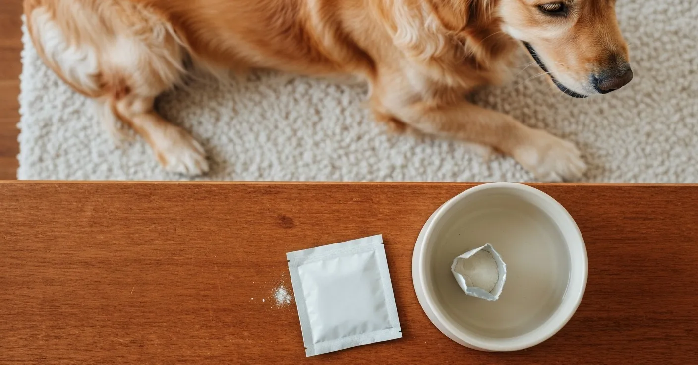 Overhead lifestyle photograph of a golden retriever lying relaxed on a sunny floor with a white powder supplement sachet beside a ceramic water bowl.