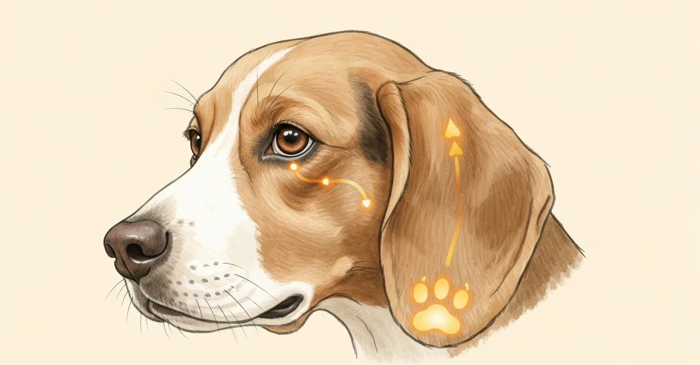 Diagram showing the lacrimal system in a dog — from the lacrimal gland to the nasolacrimal duct, with overflow illustrated on the periocular fur.