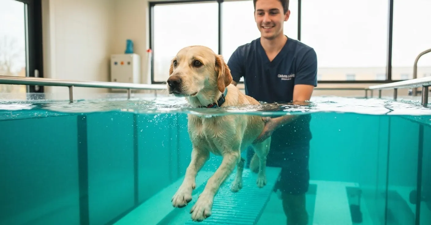 Senior dog walking through underwater treadmill in rehabilitation facility