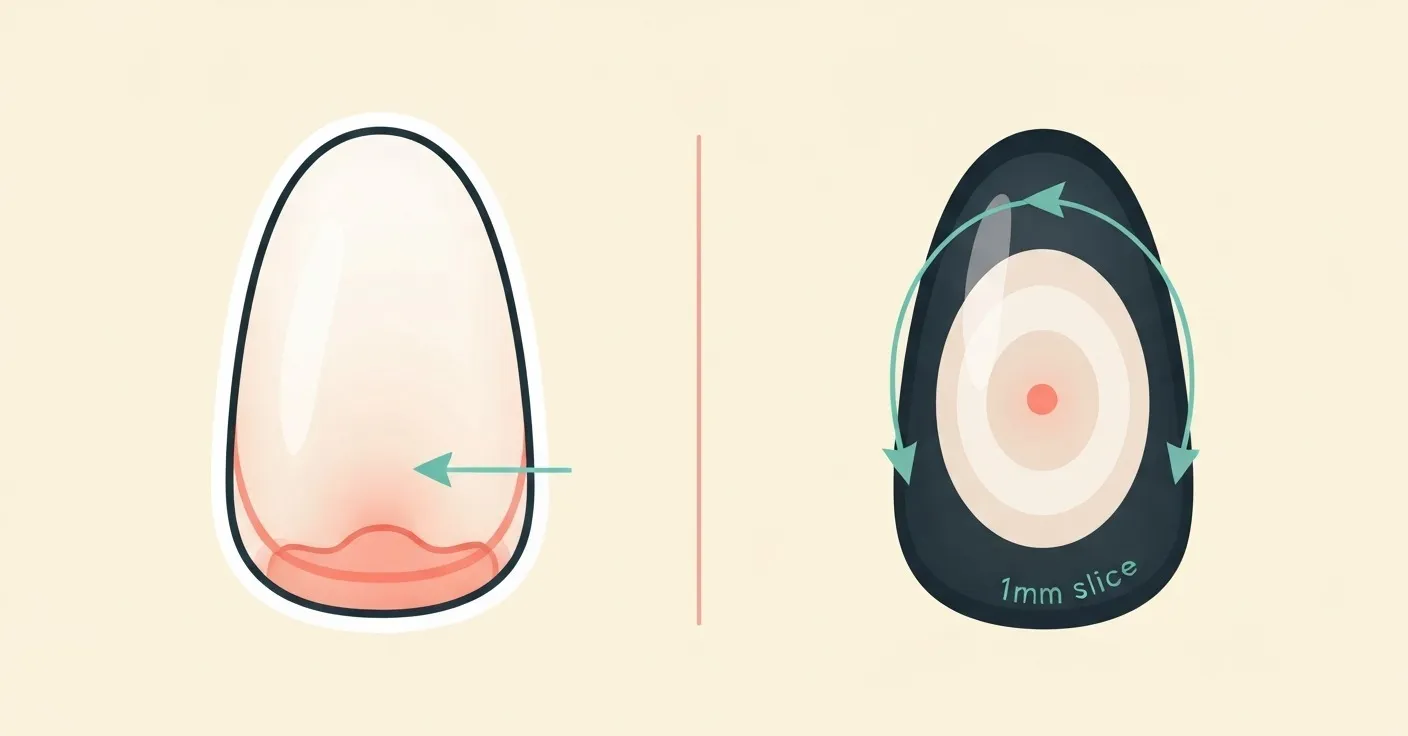 Comparison diagram of a white nail showing the visible quick from the side, and a dark nail showing the cross-section progression with a center dot indicating the quick is near.